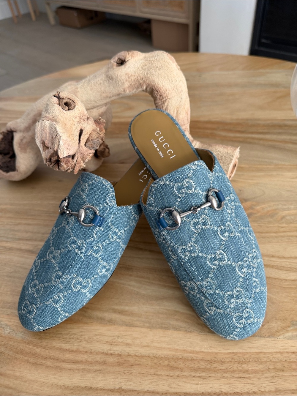 Gucci Light Blue Denim GG Horsebit Loafers Mules